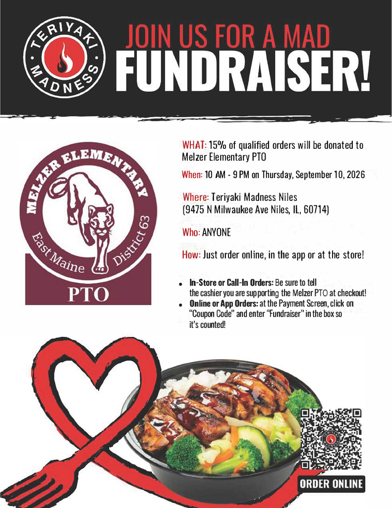 Advertisement for a Teriyaki Madness fundraiser supporting Melzer Elementary PTO on September 10, 2026.