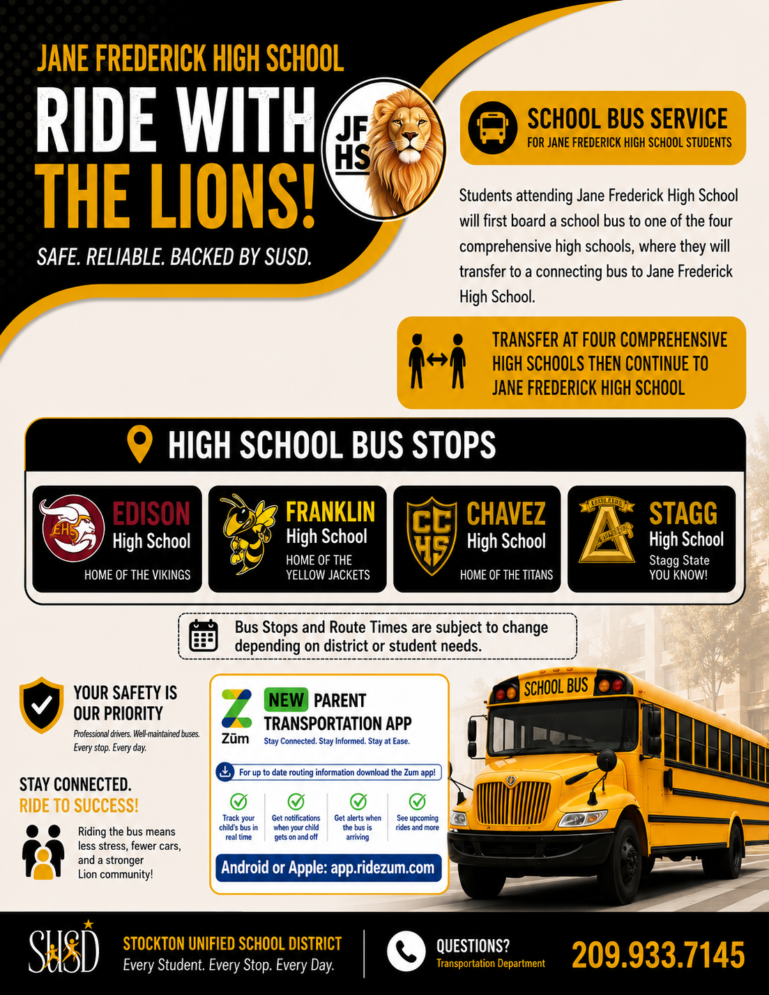 Jane Frederick High School promotes its "Ride with the Lions" school bus service with information on routes and a new parent app.