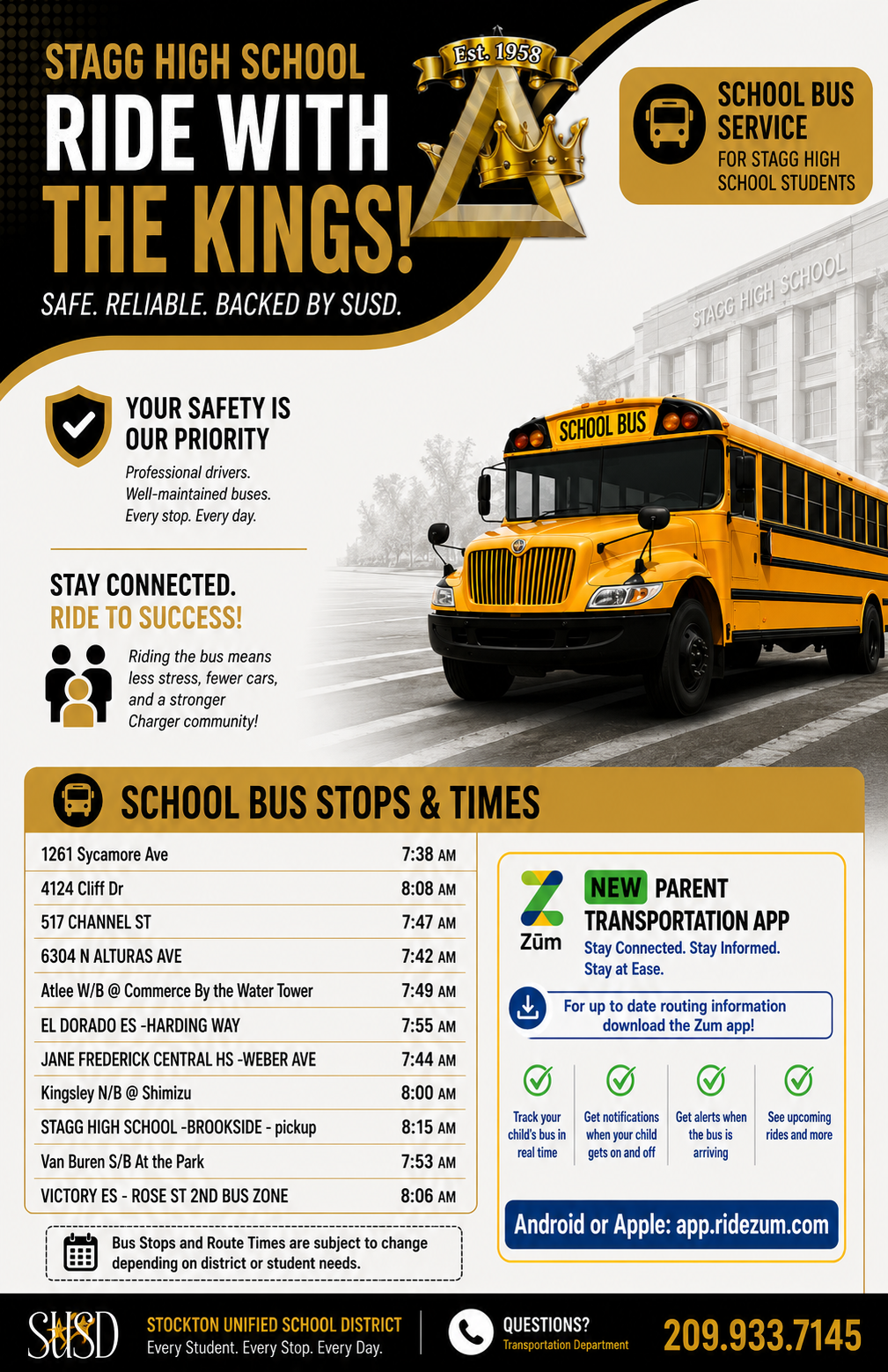 A yellow Stagg High School bus is featured in a promotional graphic with text about school bus service, safety, and a new parent transportation app.