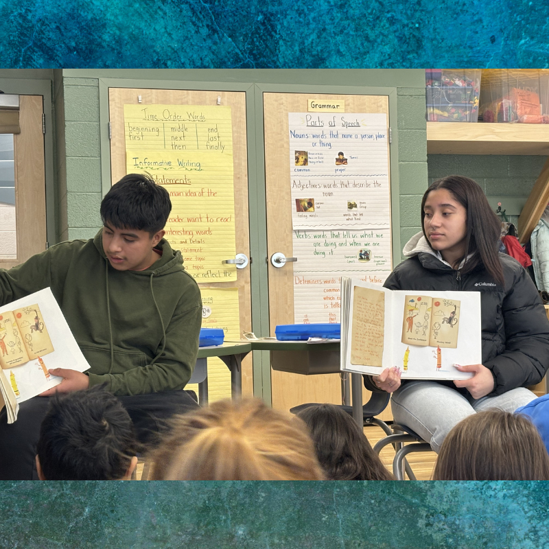 Two students present a book to a class, with grammar charts on the wall behind them.
