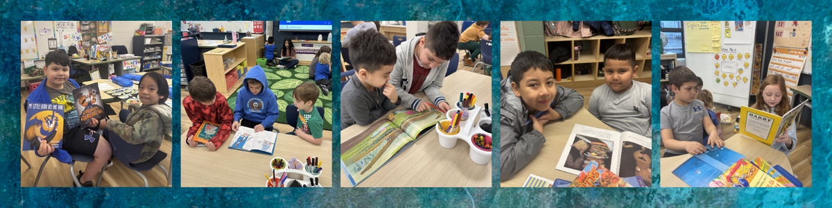 Children are engaged in reading and drawing activities in a classroom setting.