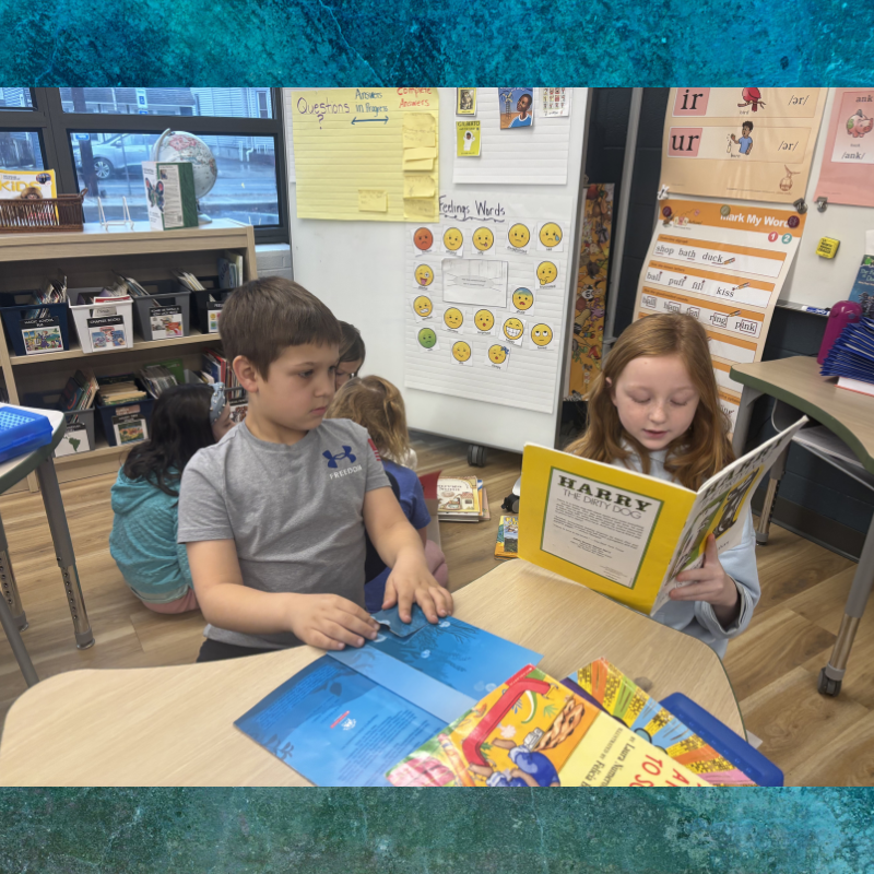 A young girl reads a book titled 'Harry the Dirty Dog' in a classroom.
