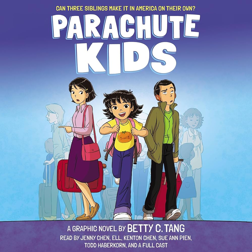 Illustration for 'Parachute Kids' graphic novel, featuring three siblings with luggage.