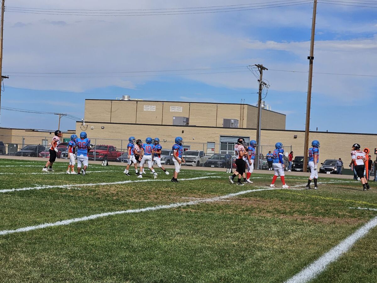 Young football players in blue and orange uniforms stand on a grassy field.