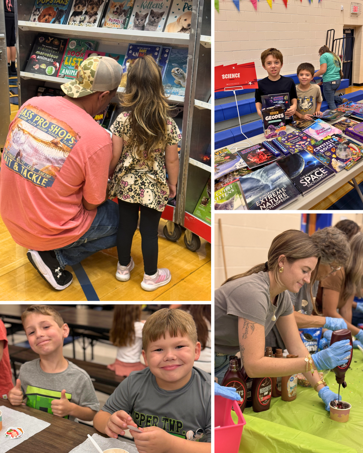 A collage shows a father and child looking at a book cart, two boys behind a science book display, a woman pouring chocolate syrup, and two boys smiling.