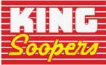 The King Soopers logo features bold white lettering for 'KING' and yellow script for 'Soopers' set against a red background with thin white stripes.