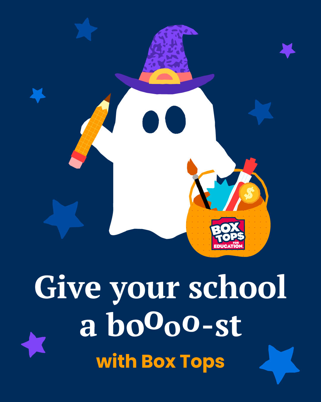 A friendly ghost wearing a purple witch hat holds a yellow pencil and an orange bucket filled with school supplies against a dark blue star-patterned background.