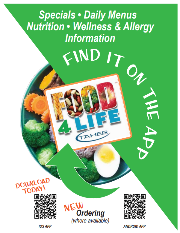 A promotional poster for the Food 4 Life app, featuring a bowl of healthy food, QR codes, and text about daily menus and nutrition.