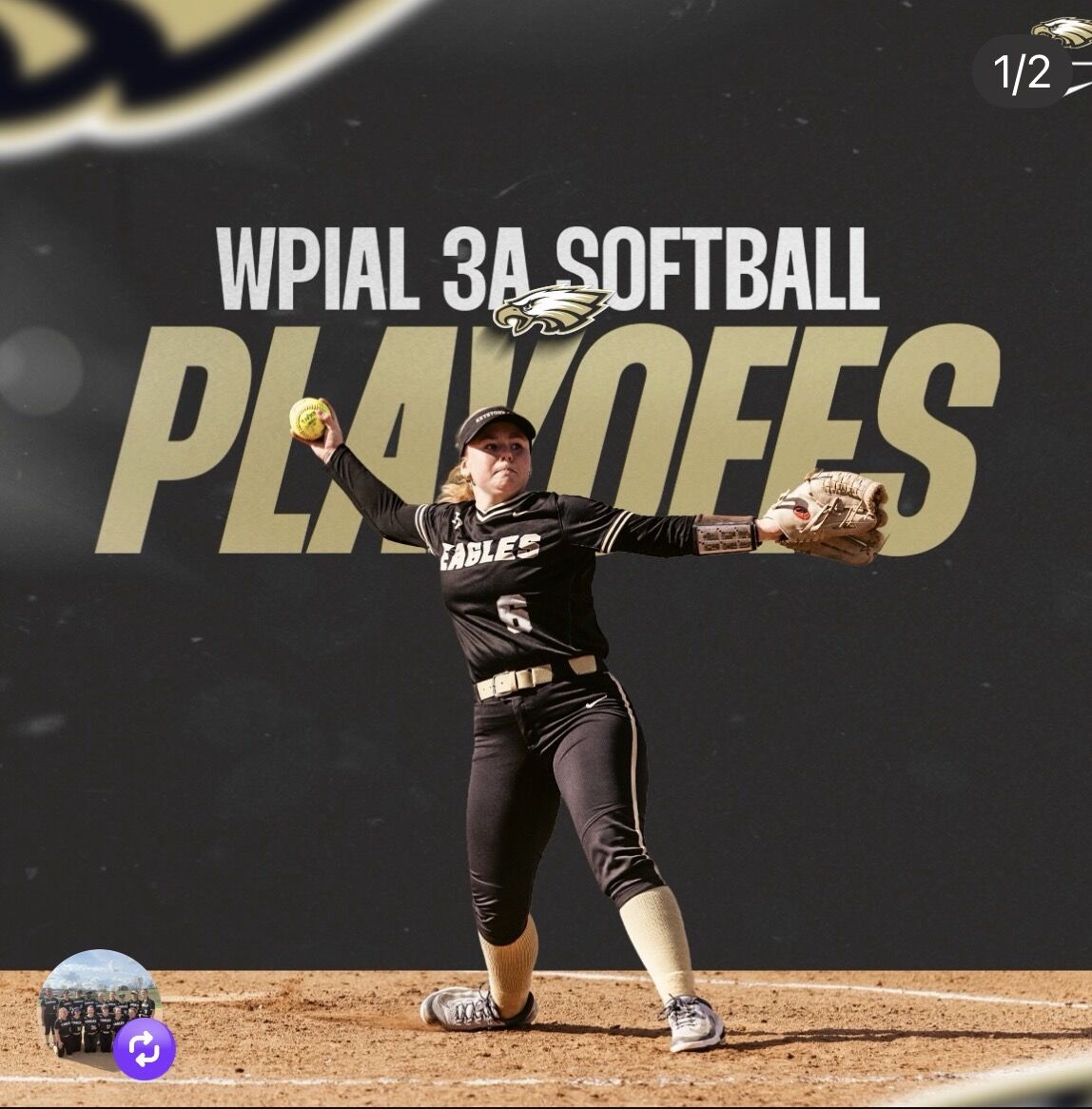 A female softball pitcher in a black uniform with 'EAGLES' and the number '5' on it, throws a pitch during the WPIAL 3A Softball Playoffs.