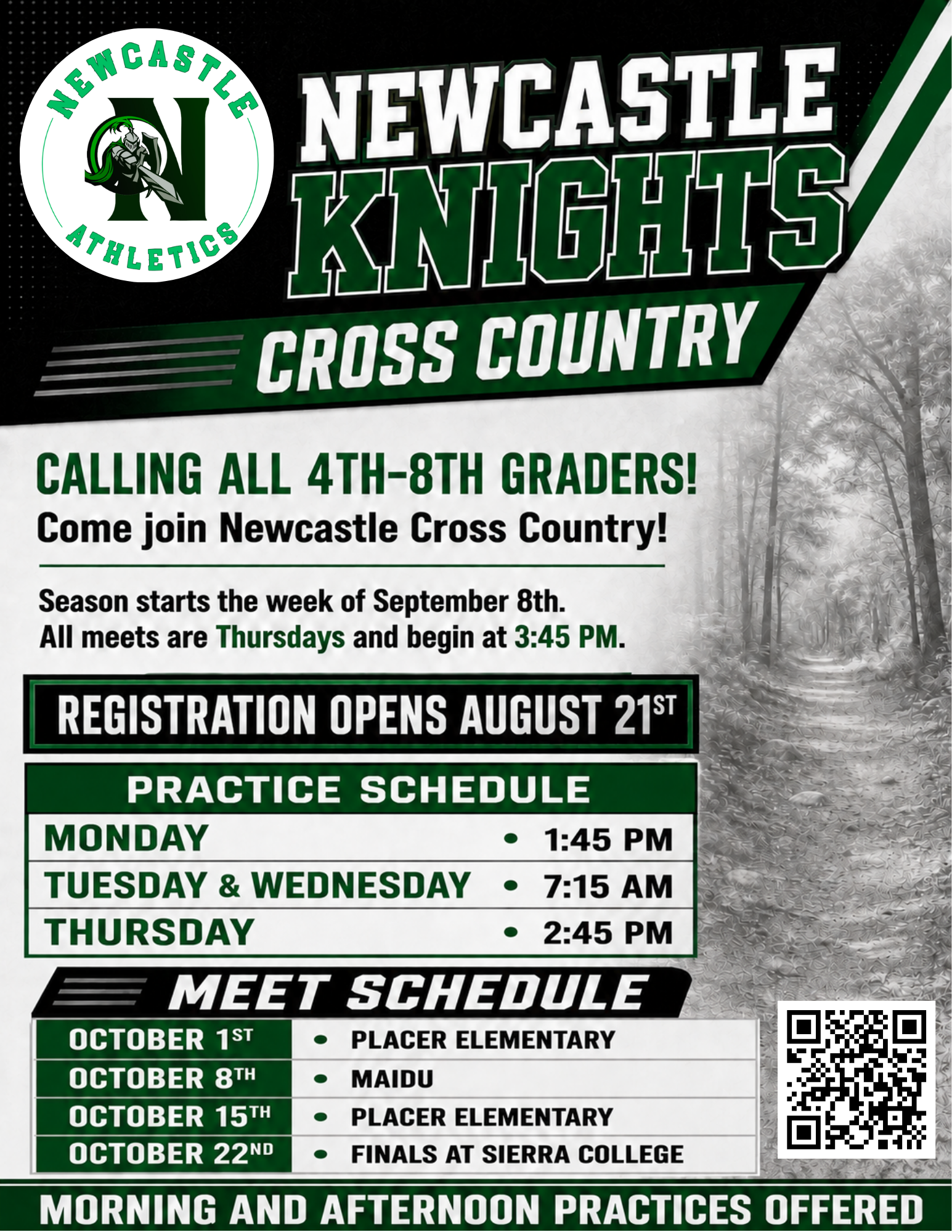 Poster for Newcastle Knights Cross Country, inviting 4th-8th graders to join.