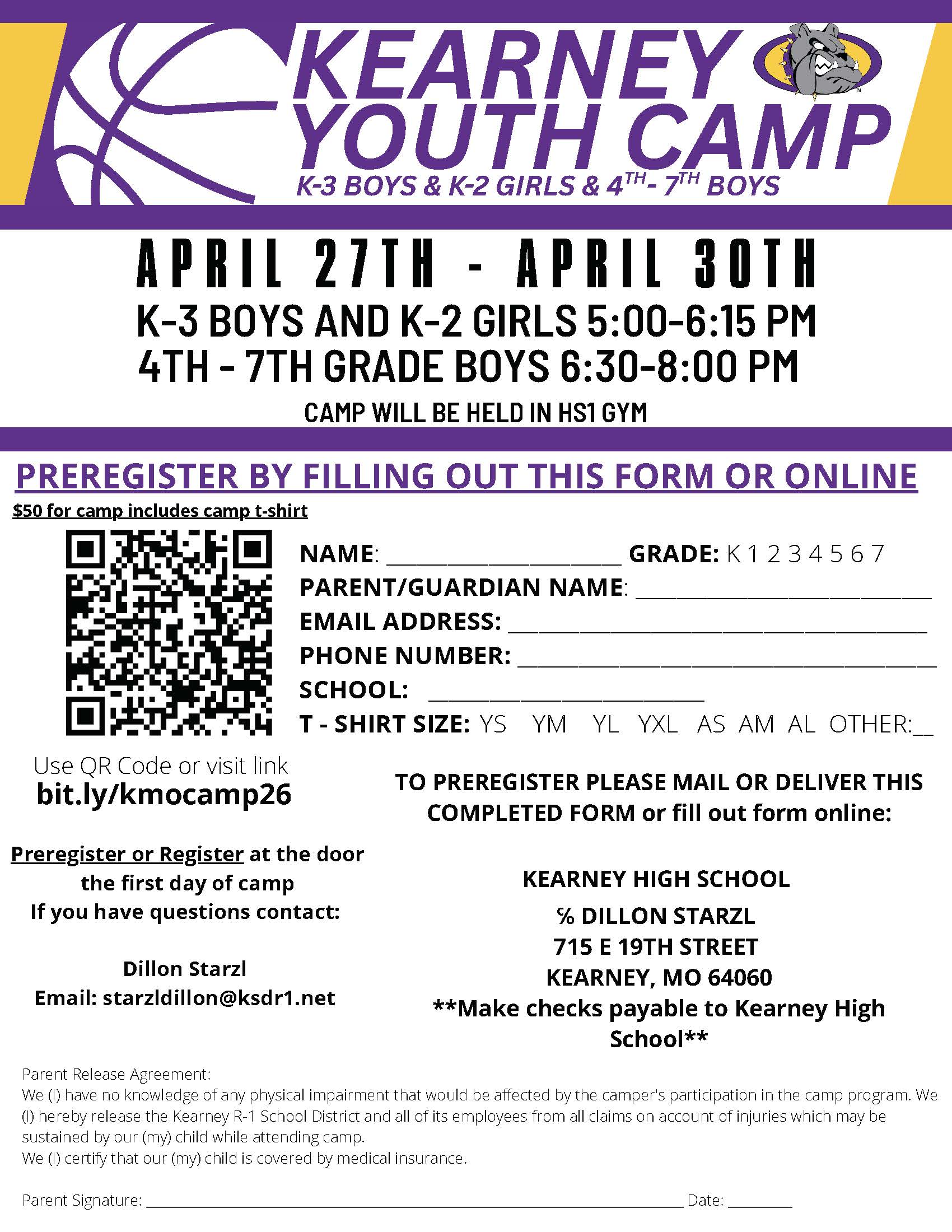 Flyer for Kearney Youth Camp, featuring dates April 27th-30th, times, and registration details.