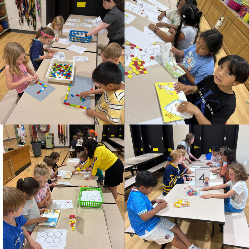 Children engage in a hands-on learning activity, building with colorful blocks at tables.