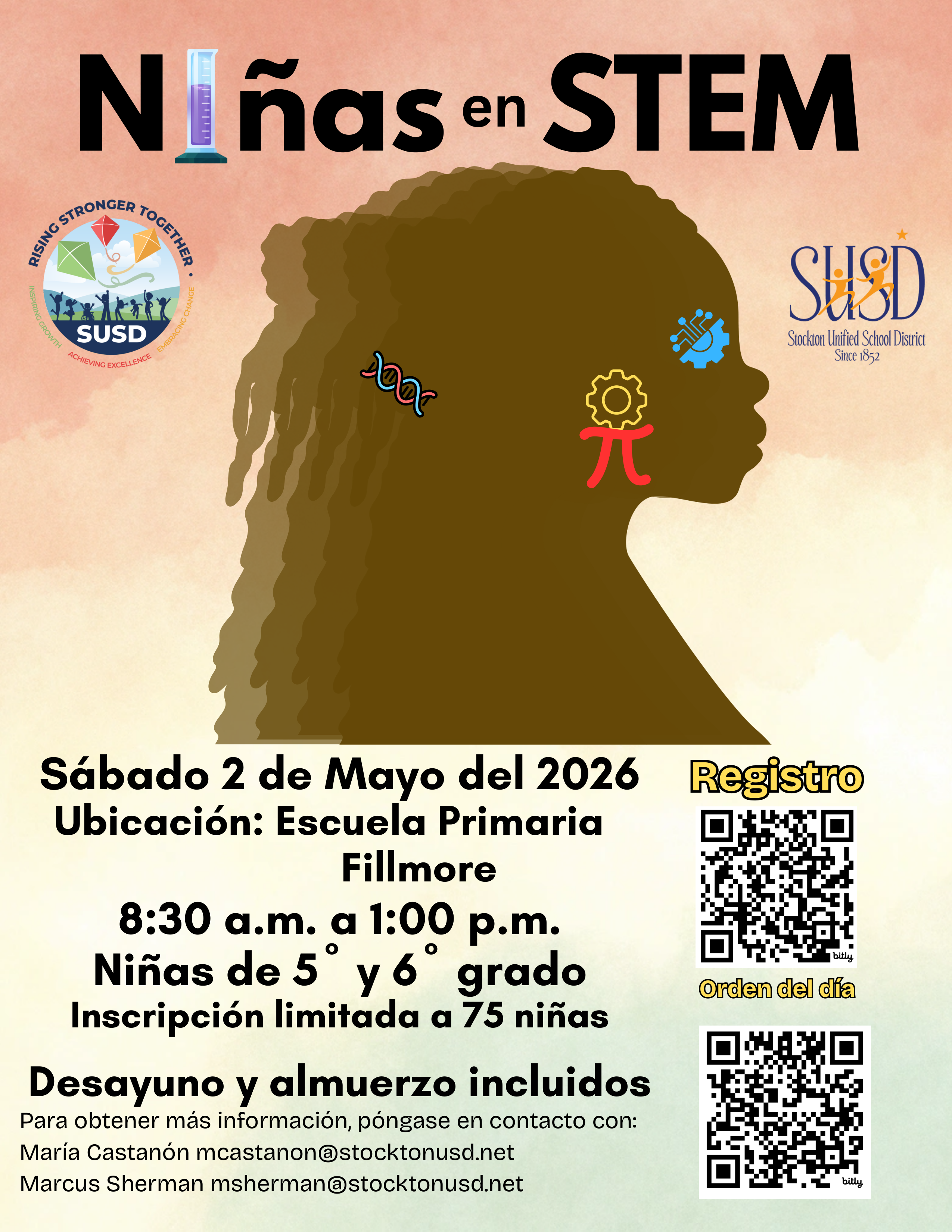 Poster for 'Niñas en STEM' event by Stockton Unified School District, featuring a silhouette of a girl with STEM icons.