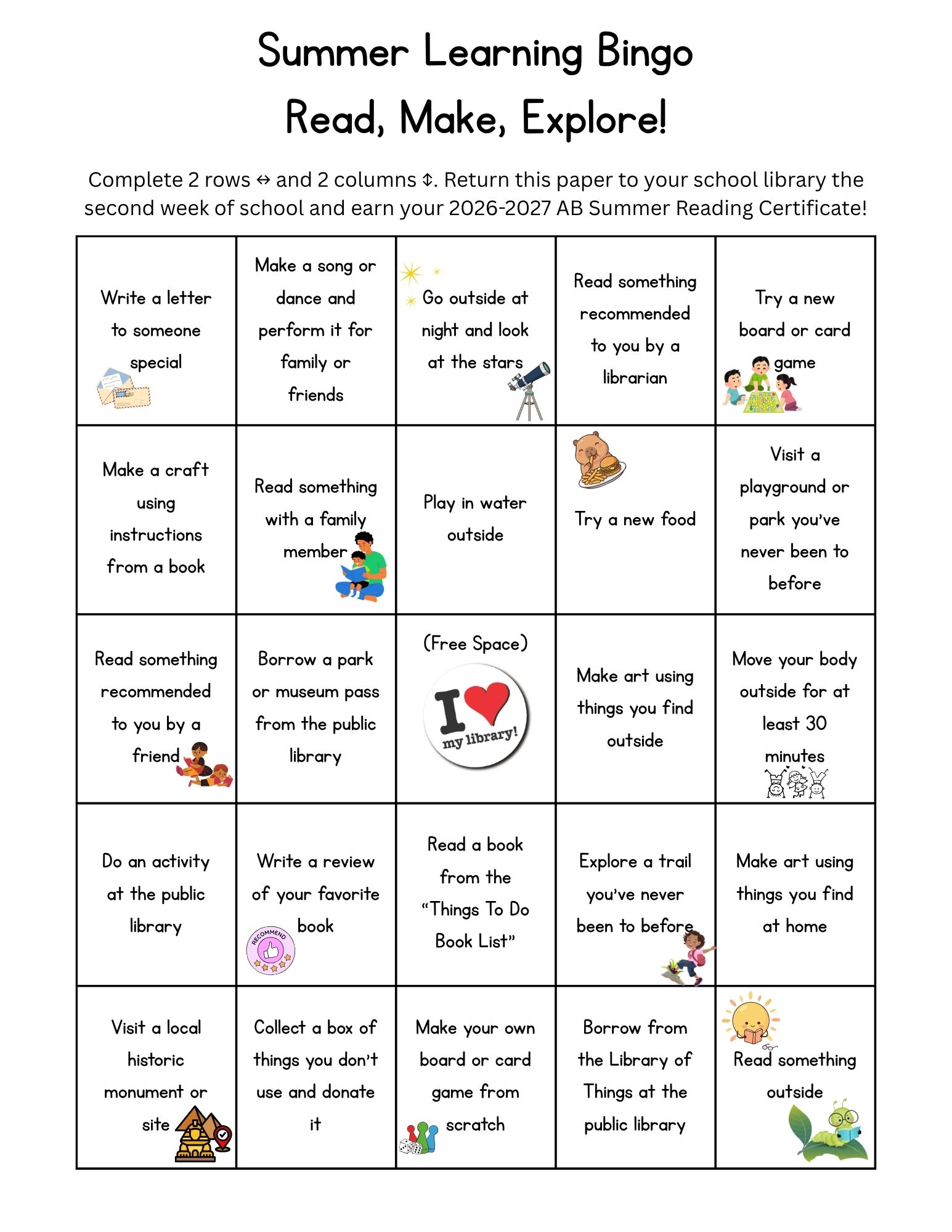 Summer Learning Bingo Sheet 2026