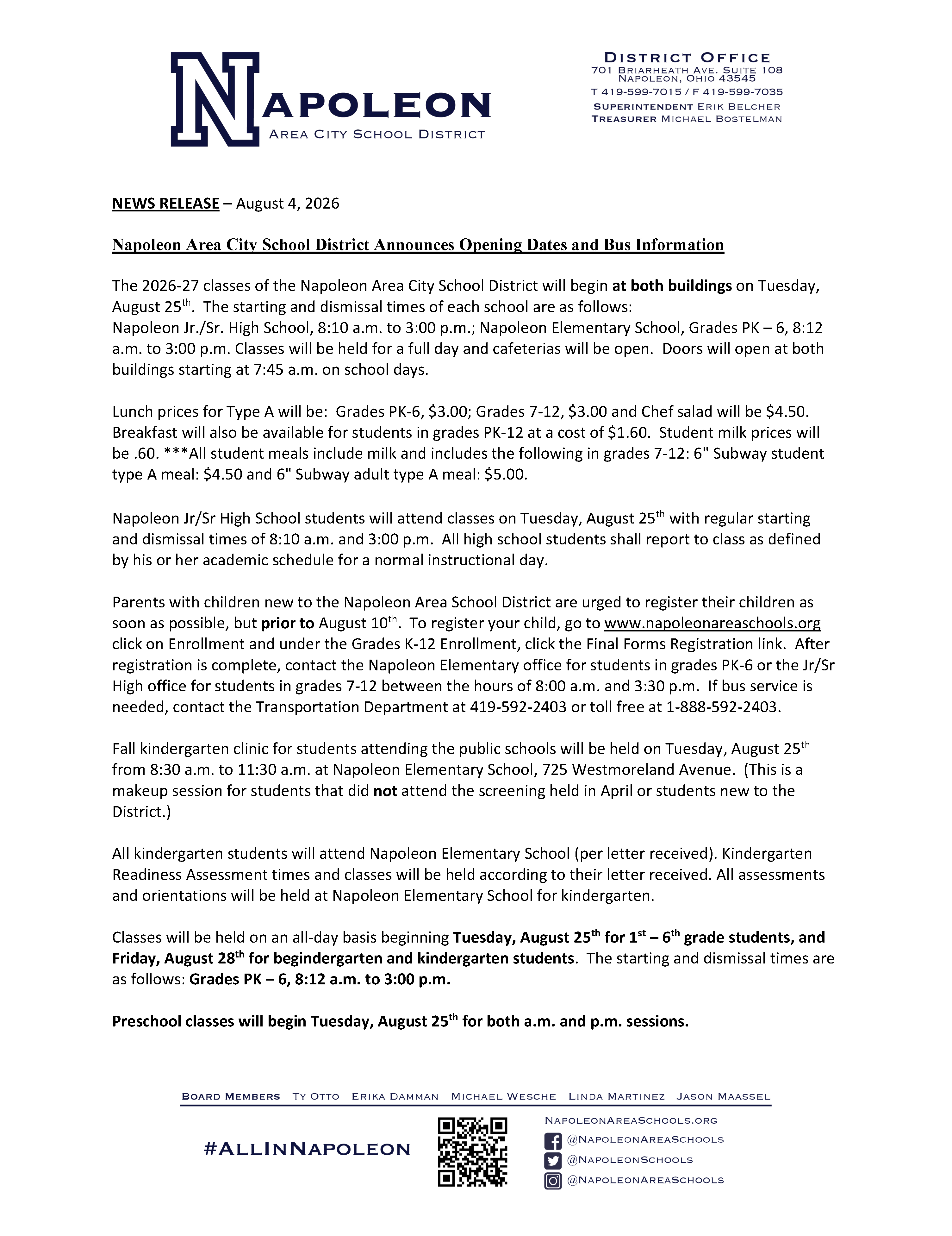 NACS Opening of School News Release