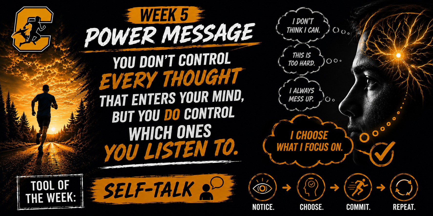 Motivational graphic with the message: 'You don't control every thought that enters your mind, but you do control which ones you listen to.'