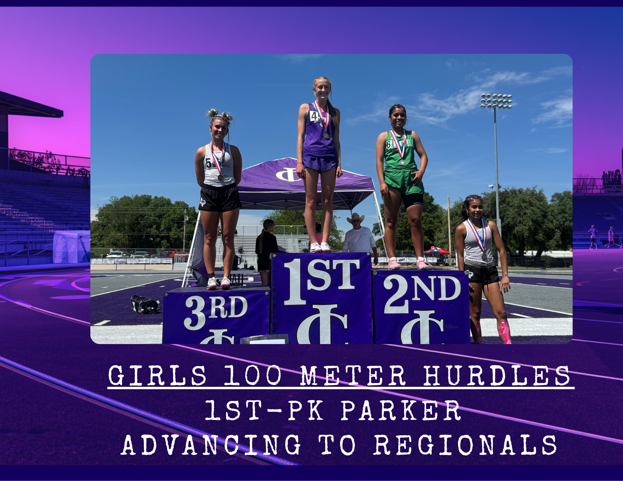 Three young women stand on a podium, receiving medals for the Girls 100 Meter Hurdles.