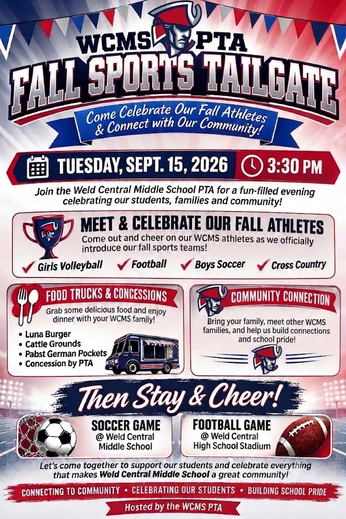 A promotional flyer for the WCMS PTA Fall Sports Tailgate event on Tuesday, September 15, 2026, at 3:30 PM.