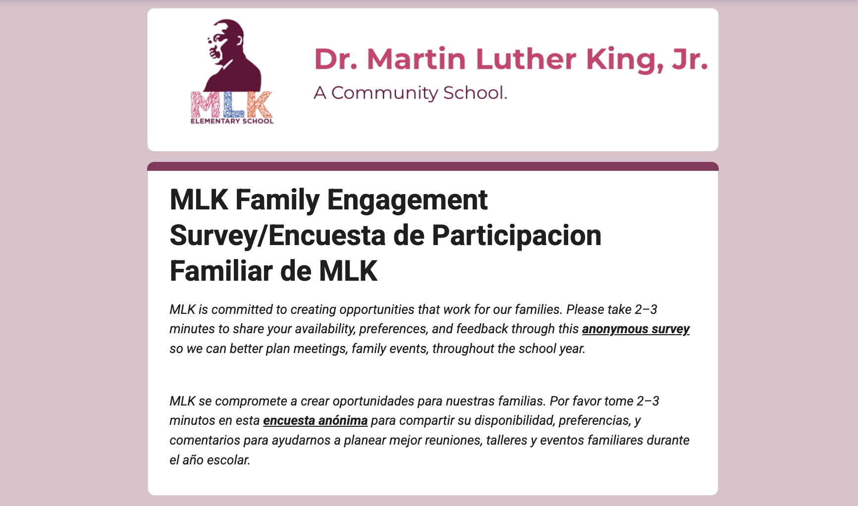 📣 MLK Family Engagement Survey | Encuesta de Participación Familiar - We need your feedback!