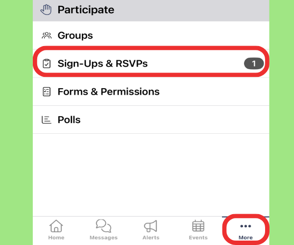 A mobile app screen shows a 'Participate' menu with options like 'Groups', 'Sign-Ups & RSVPs', 'Forms & Permissions', and 'Polls'.