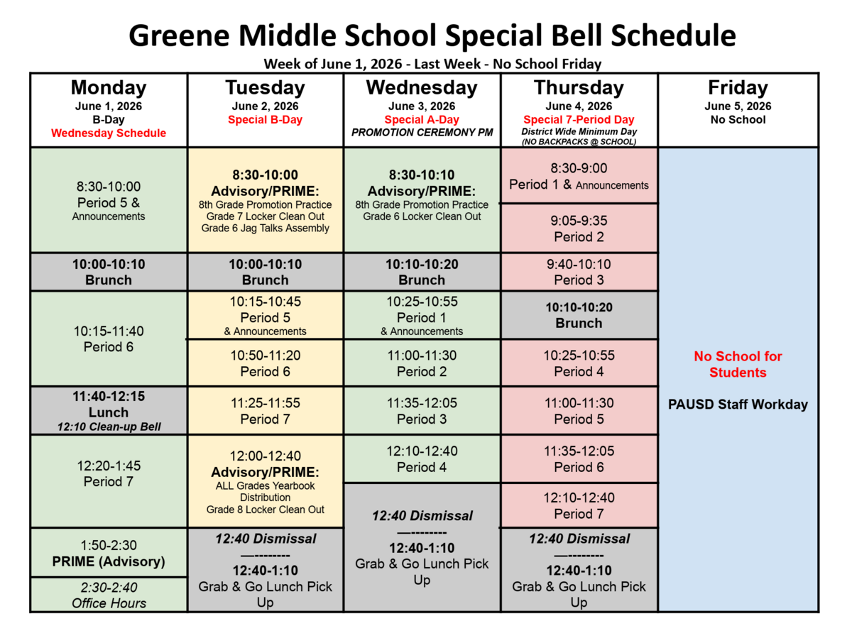 Greene Middle School Special Bell Schedule for the last week of school. 