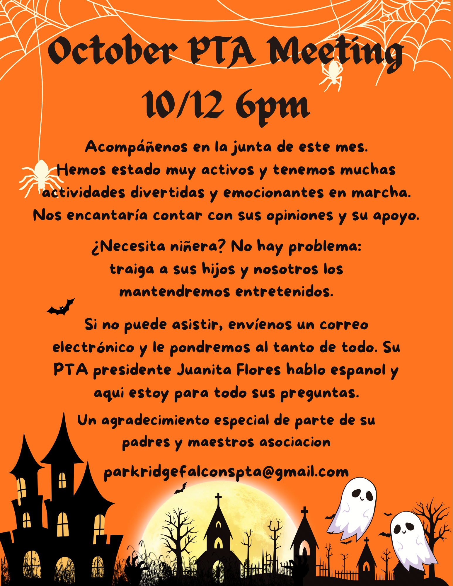 A bilingual flyer for an October PTA meeting on 10/12 at 6pm, featuring a spooky Halloween theme with ghosts, a haunted house, and a bright orange background.