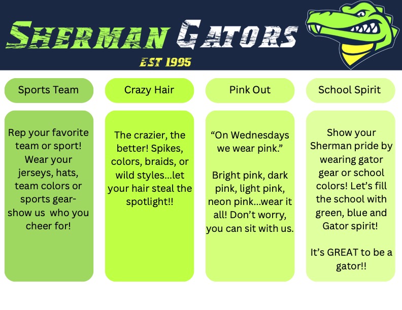A graphic displays four categories for school spirit: Sports Team, Crazy Hair, Pink Out, and School Spirit, with descriptions for each.