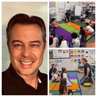 A photo collage showing Mr. Lenaburg smiling in a portrait on the left, paired with two classroom photos on the right where he is kneeling and actively teaching a circle of elementary students gathered on a multicolored grid carpet.