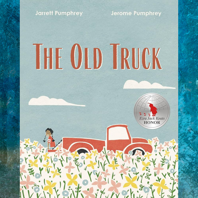 Book cover for 'The Old Truck' by Jarrett Pumphrey and Jerome Pumphrey, featuring a red truck in a field of flowers.