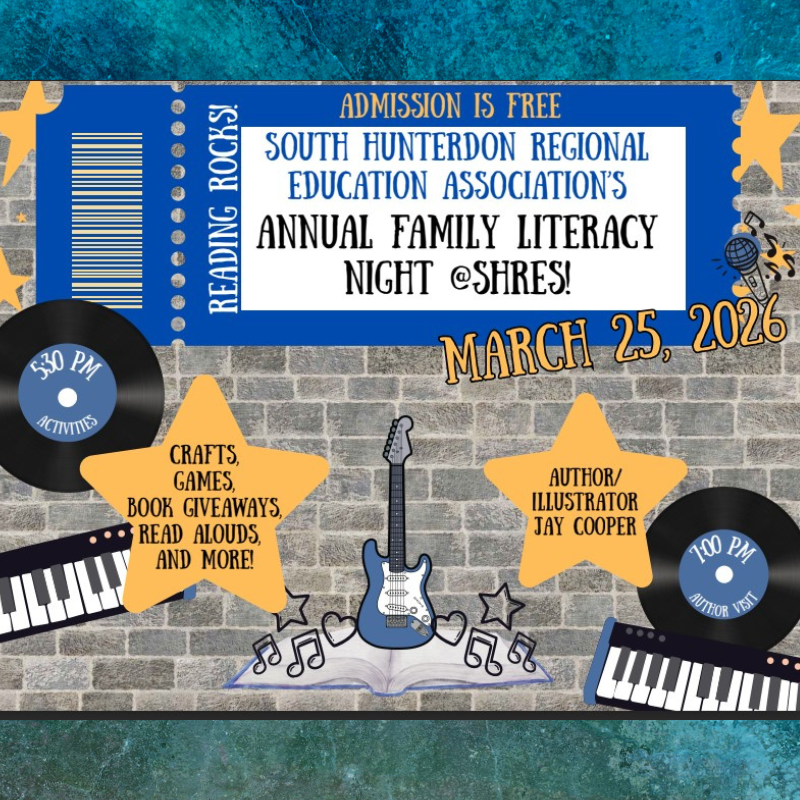 Poster for South Hunterdon Regional Education Association's Annual Family Literacy Night on March 25, 2026, featuring music and reading themes.