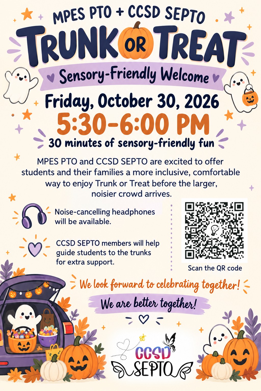 A flyer for a sensory-friendly Trunk or Treat event on Friday, October 30, 2026, from 5:30 to 6:00 PM, featuring cute ghosts and pumpkins.