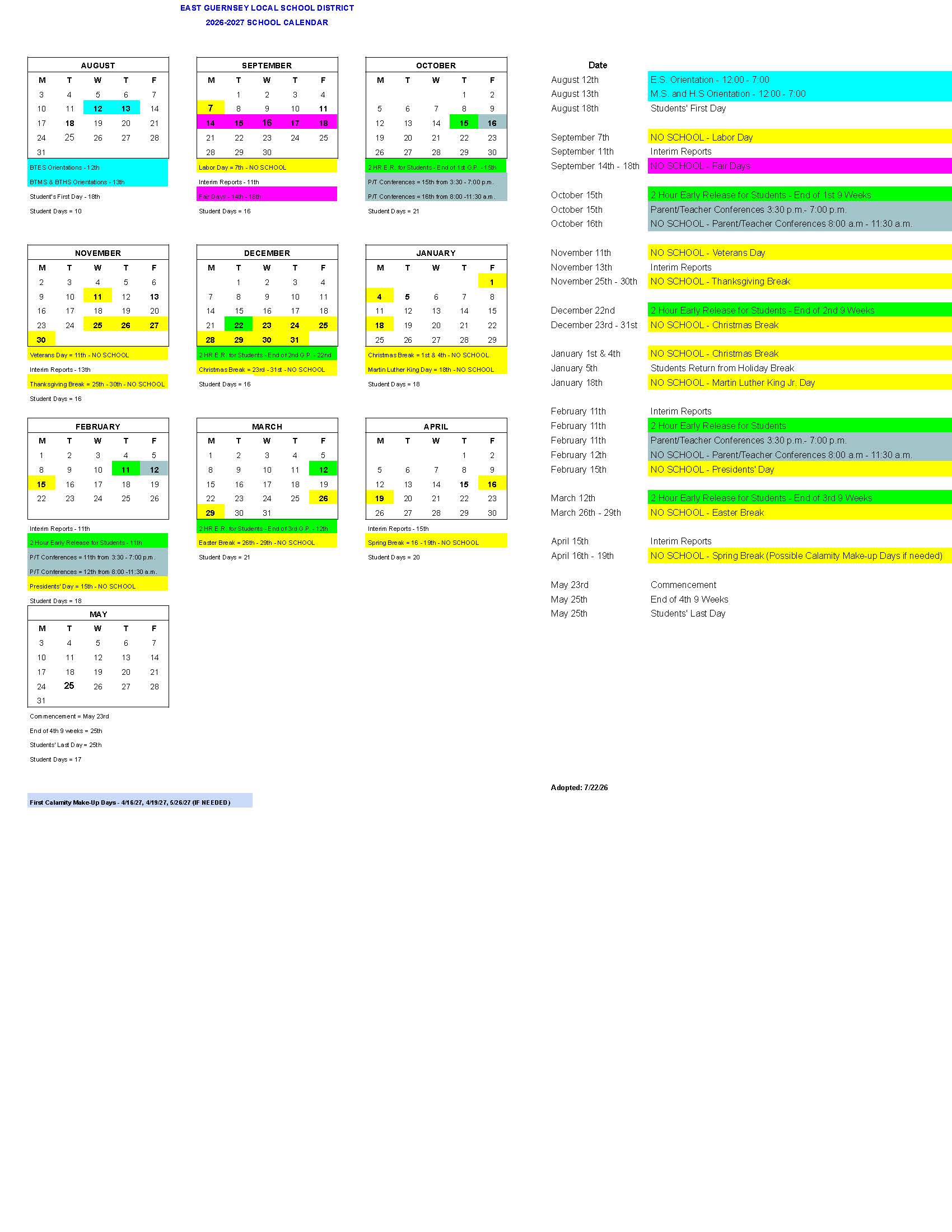 2026-2027 School Calendar