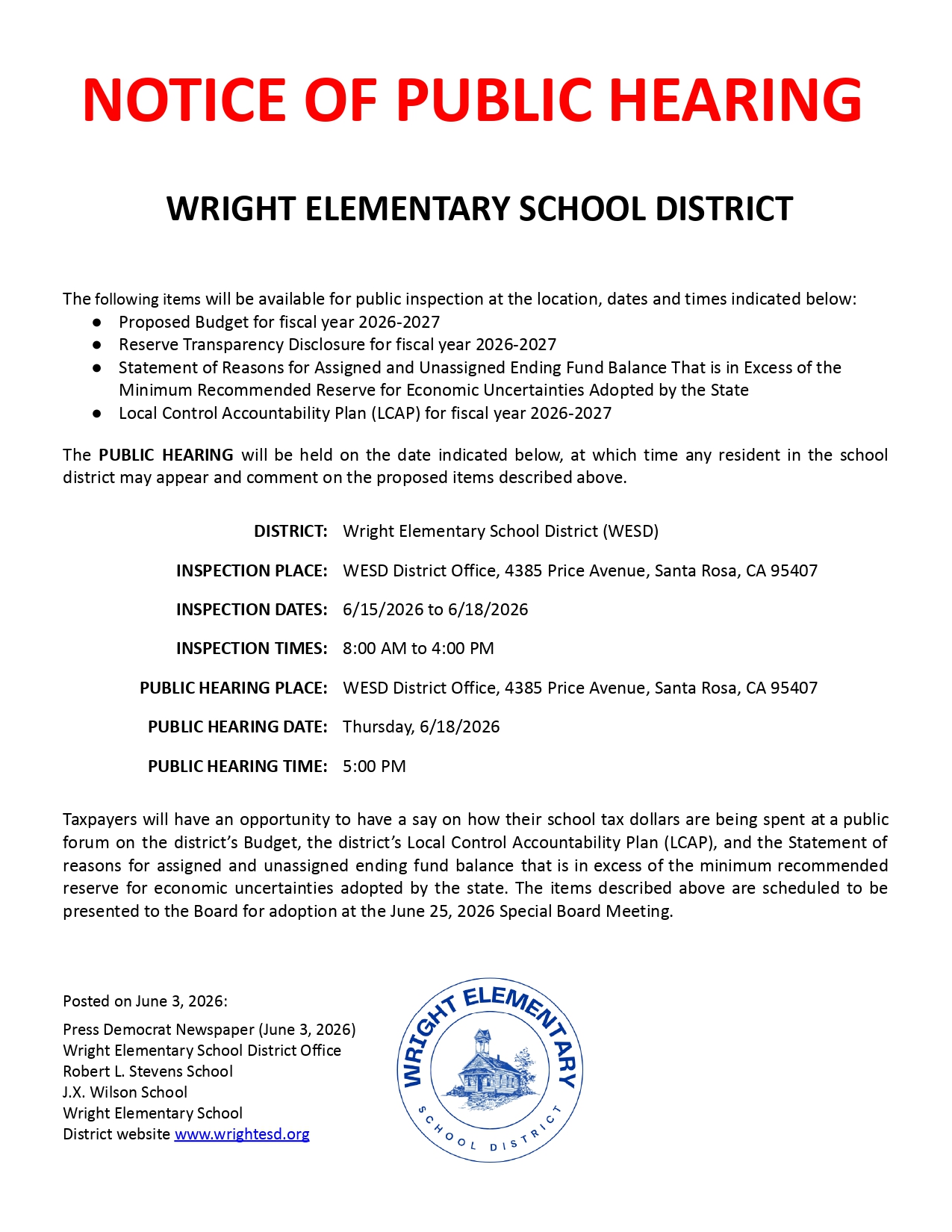 Public Hearing: LCAP, Proposed Budget, and Reserve Transparency Disclosure for the 2026-27 School Year