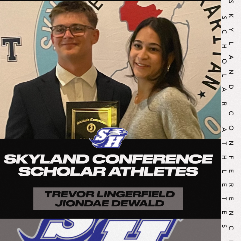 Two smiling individuals, Trevor Lingerfield and Jiondae Dewald, are recognized as Skyland Conference Scholar Athletes.