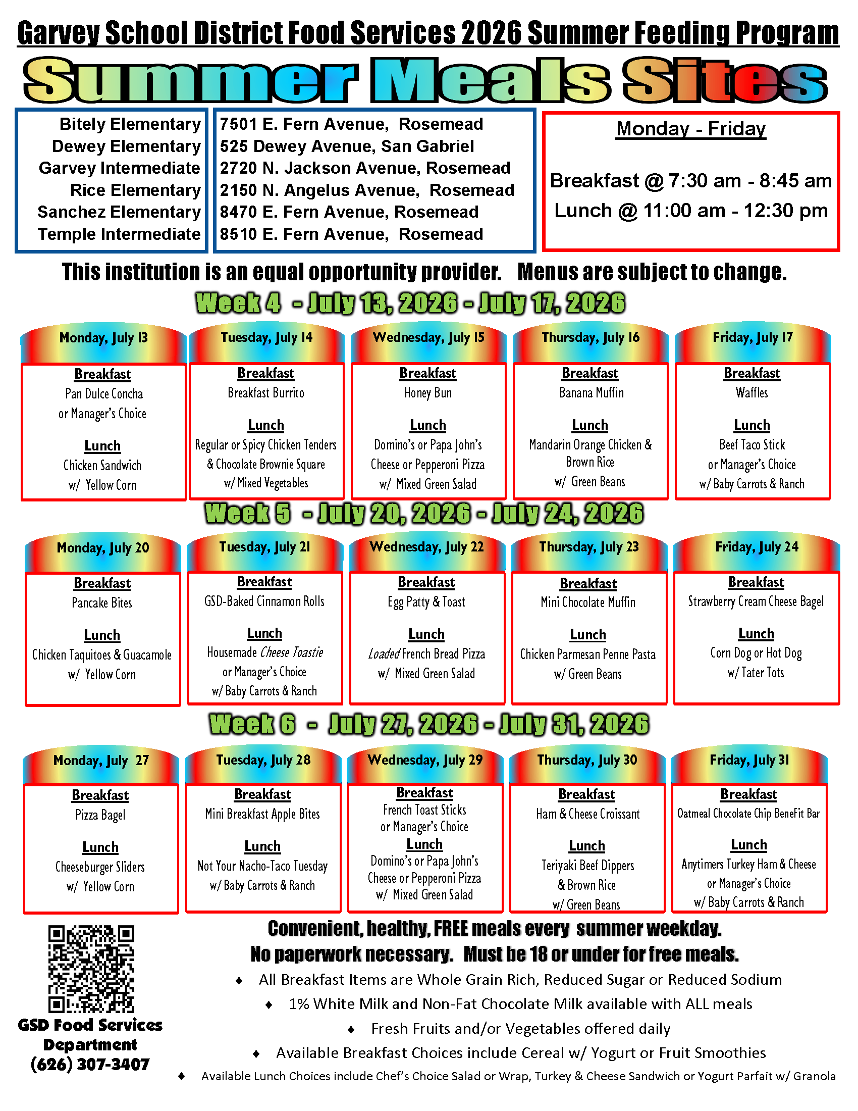 Free Summer Meals for All Children (July 13, 2026 - July 31, 2026 MENUS)