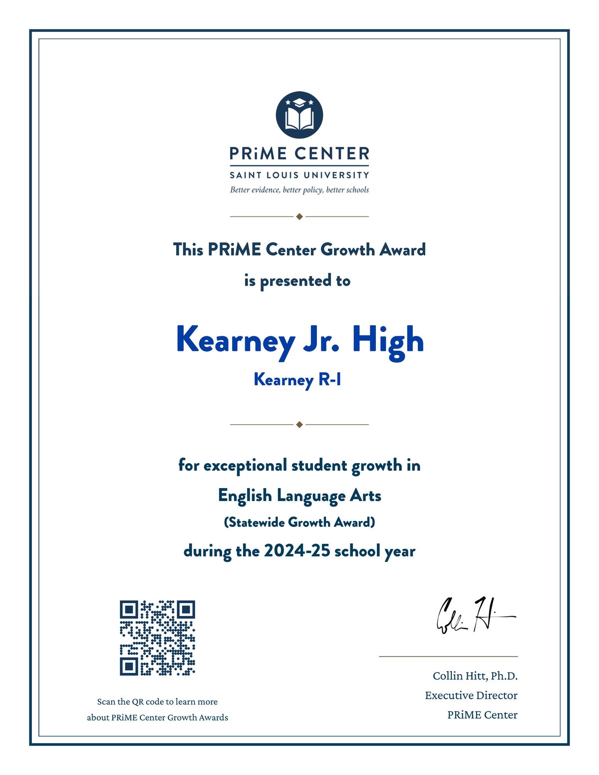 Award certificate from PRIME Center, Saint Louis University, recognizing Kearney Jr. High for exceptional student growth in English Language Arts.