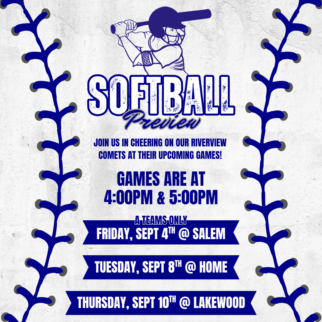 A softball preview flyer features blue text on a white background framed by baseball stitching graphics.