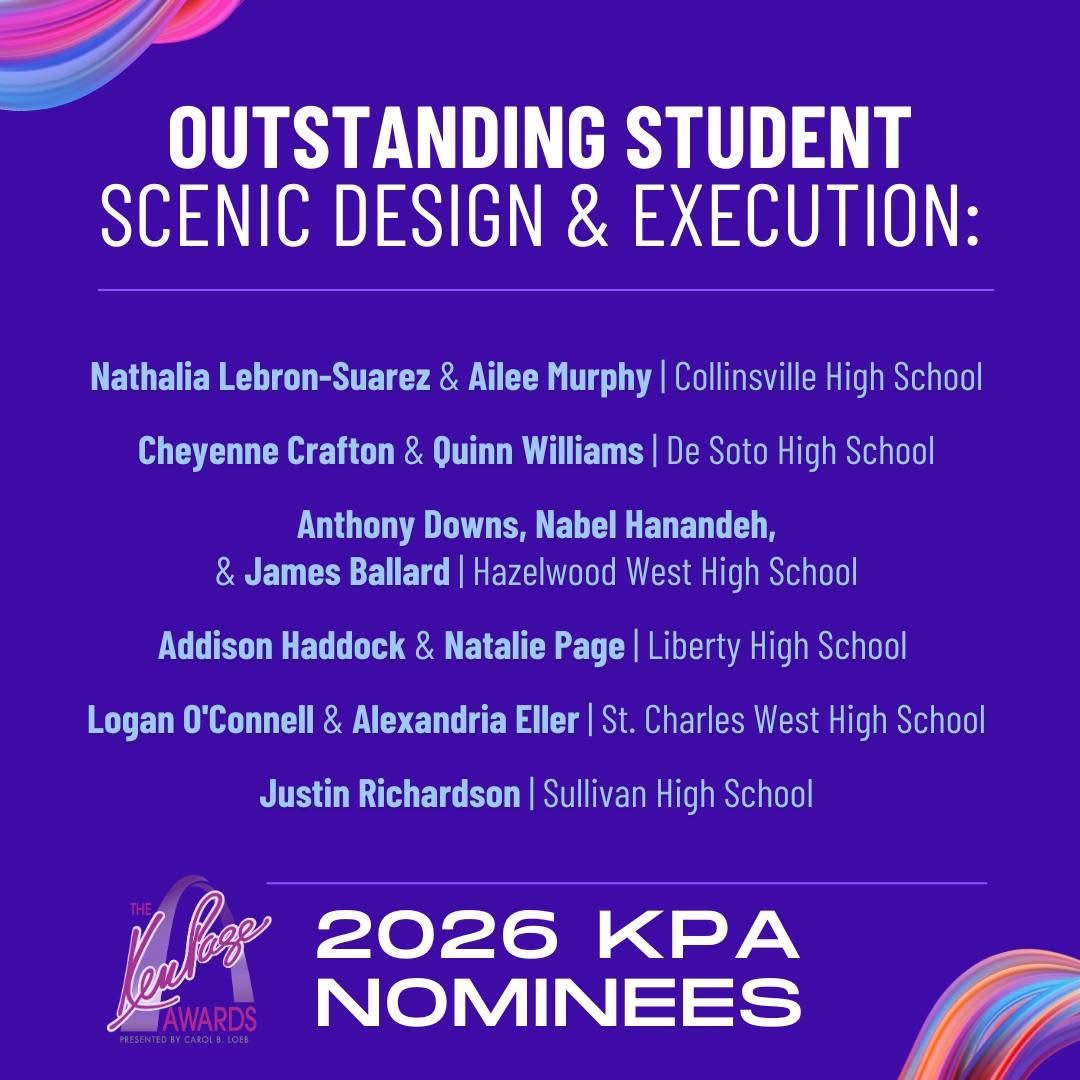 List of nominees for Outstanding Student Scenic Design & Execution at the 2026 KPA Awards.