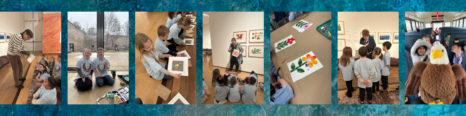 Children participate in an art activity, creating colorful collages with paper shapes.