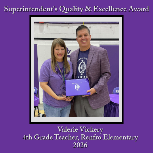 A woman receives a purple award box from a man in a blazer, with text "Superintendent's Quality & Excellence Award" above.