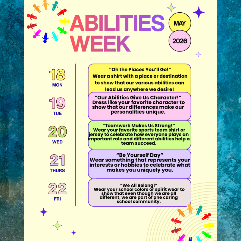Abilities Week poster with daily themes for May 18-22, 2026.