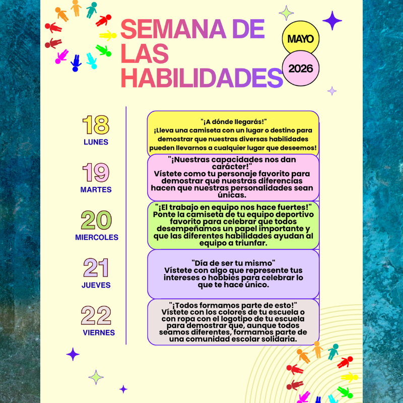 A colorful poster announces 'Skills Week' from May 18-22, 2026, with daily themes and dress-up suggestions.