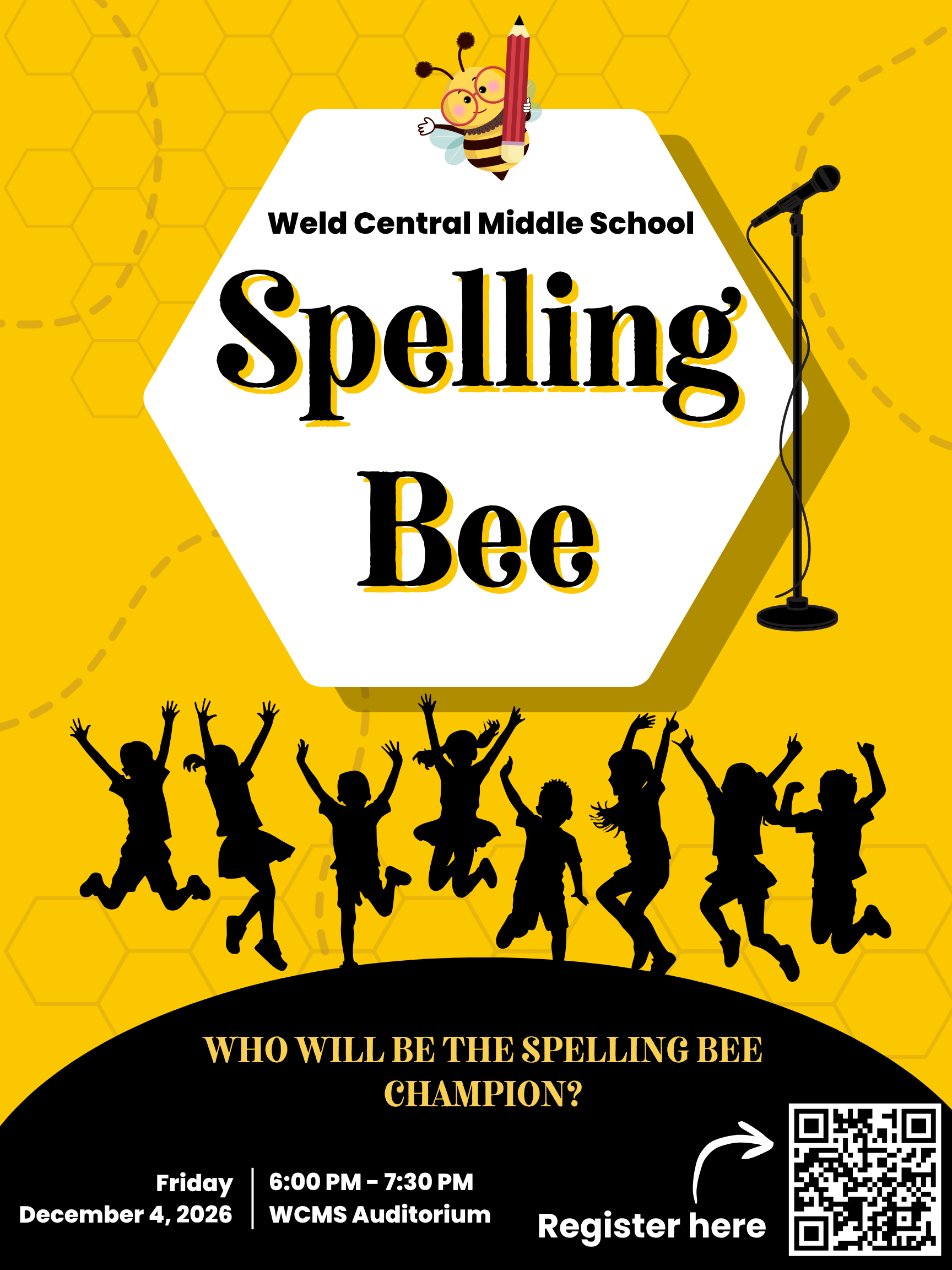 A yellow and black flyer for Weld Central Middle School Spelling Bee with a cartoon bee and jumping children silhouettes.