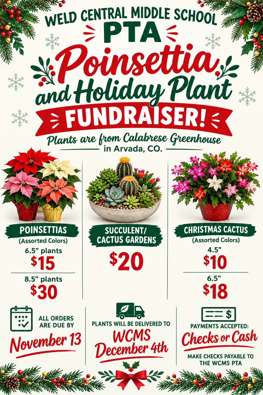 A holiday fundraiser flyer for Weld Central Middle School PTA, featuring poinsettias, succulent gardens, and Christmas cacti.