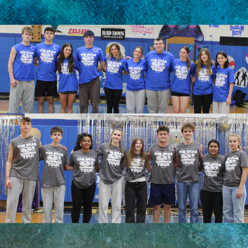 Two groups of young people, one in blue shirts and one in gray shirts, pose for photos.
