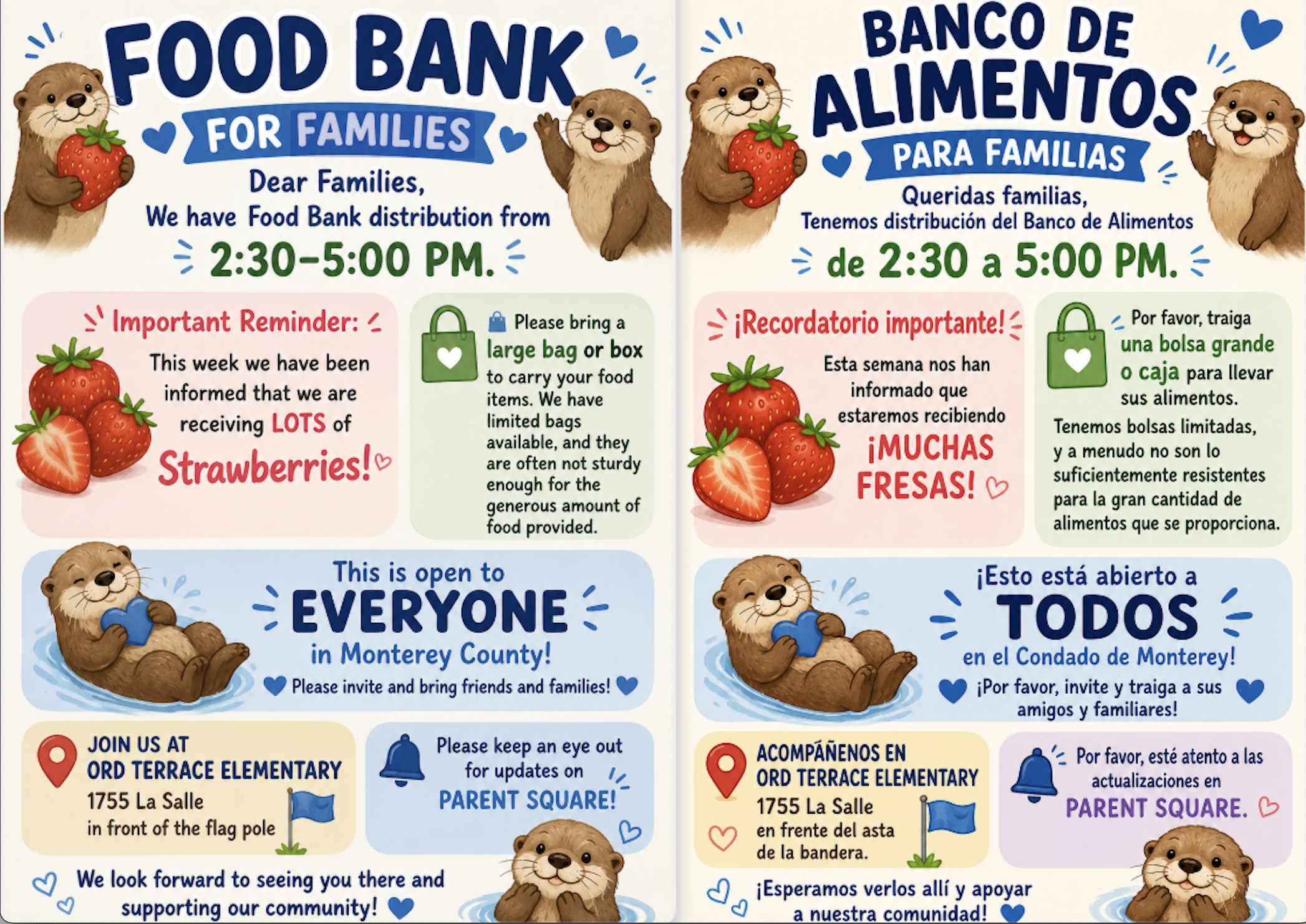 🥕 FOOD BANK TODAY 7/27 2:30PM - 5:00PM !  EVERYONE WELCOME! 🥕 @ Ord Terrace Elementary