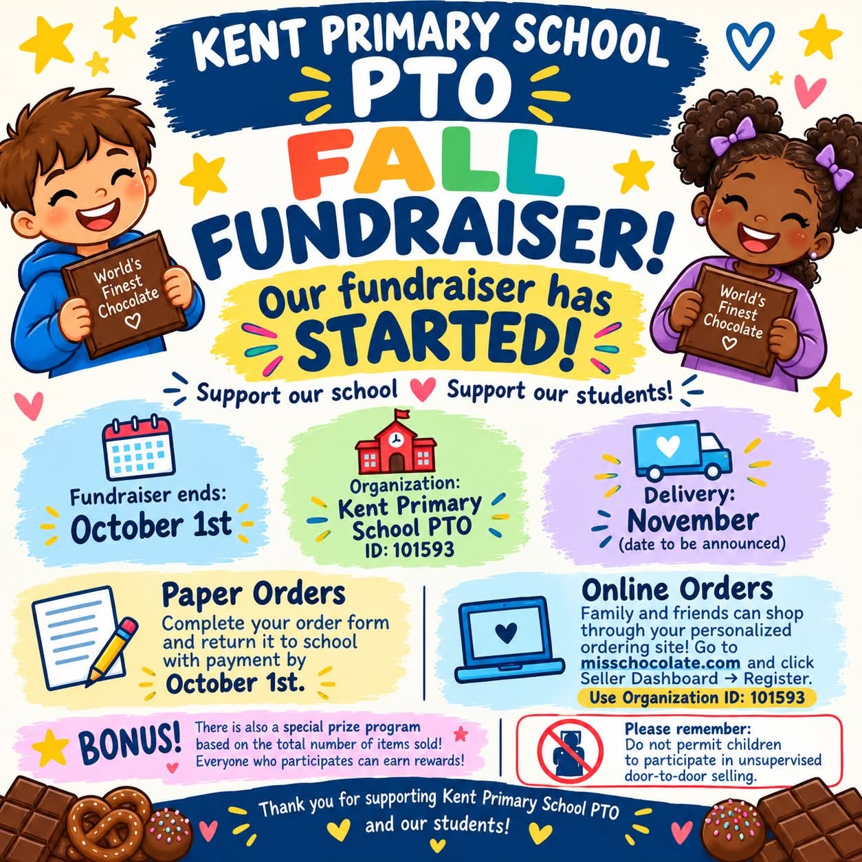 A colorful flyer for the Kent Primary School PTO Fall Fundraiser, featuring cartoon children holding chocolate bars and details about dates, delivery, and ordering options.