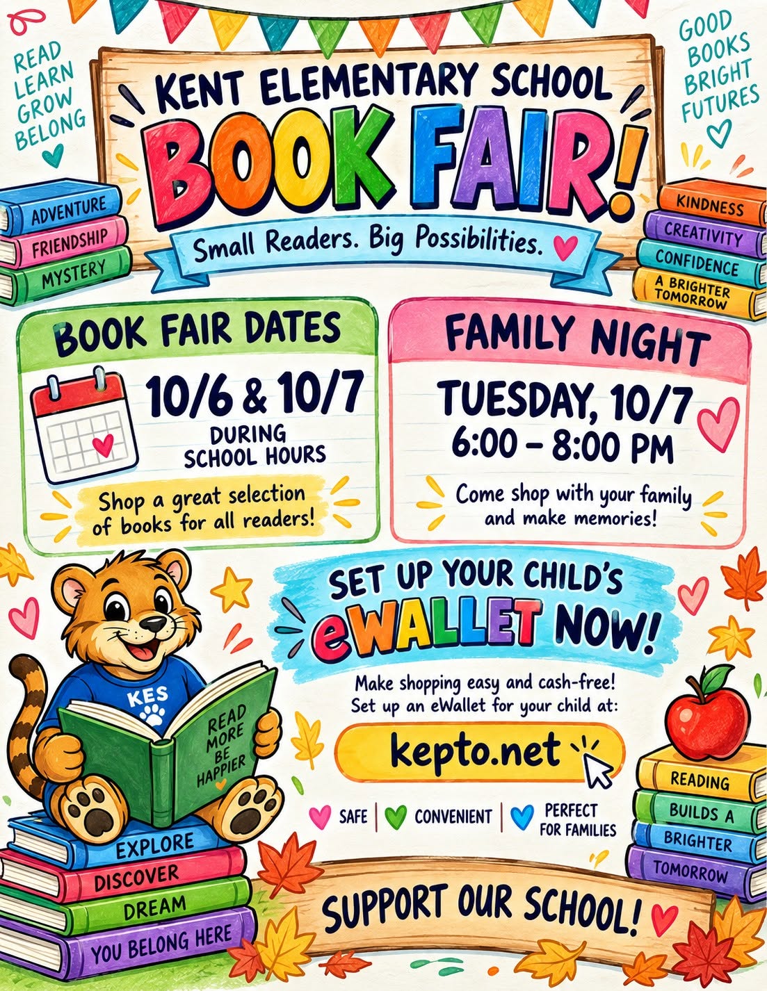 A colorful flyer for Kent Elementary School Book Fair, featuring book dates, family night, and eWallet info with a mascot tiger.