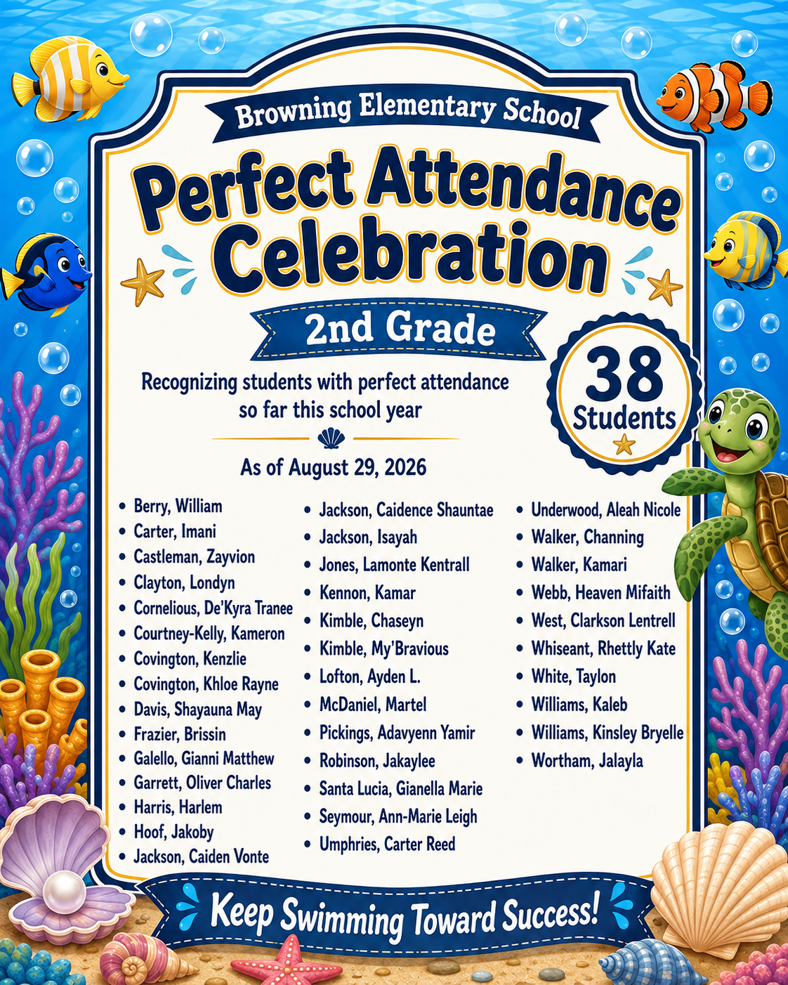 2nd Grade Attendance Recognition for August