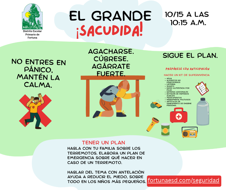 An informational flyer in Spanish about earthquake preparedness, titled "El Grande Sacudida!" for October 15 at 10:15 A.M.